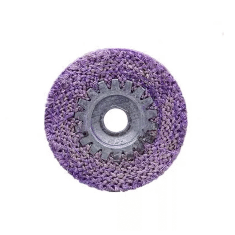 Purple textile polishing wheel with a metal-colored center assembly