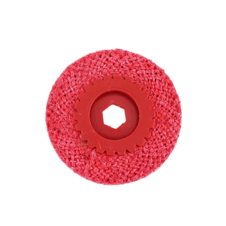 Red textile polishing wheel with a red center assembly and angular center opening