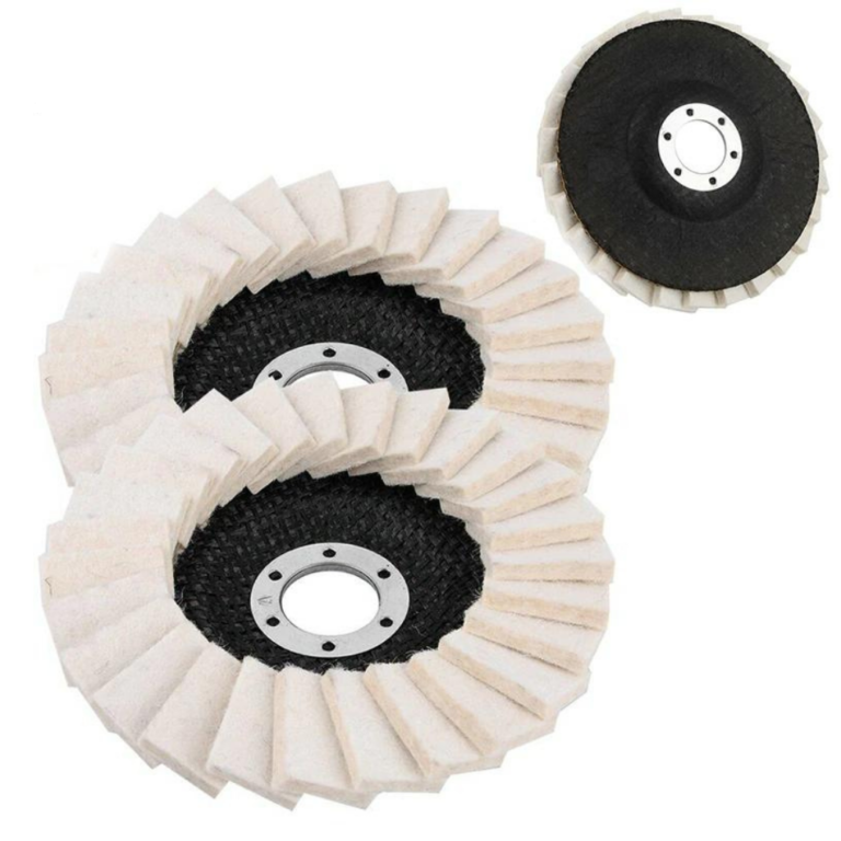 Pale felt flap polishing discs with dark backing plates and center mounting holes