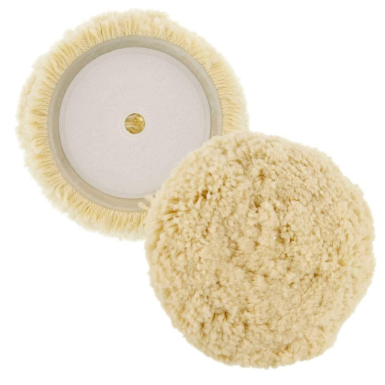 8-inch wool buffing pad shown from the fiber face and reverse with center fitting