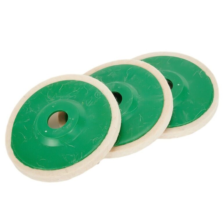 Three felt polishing wheels with green backing plates and pale felt rims