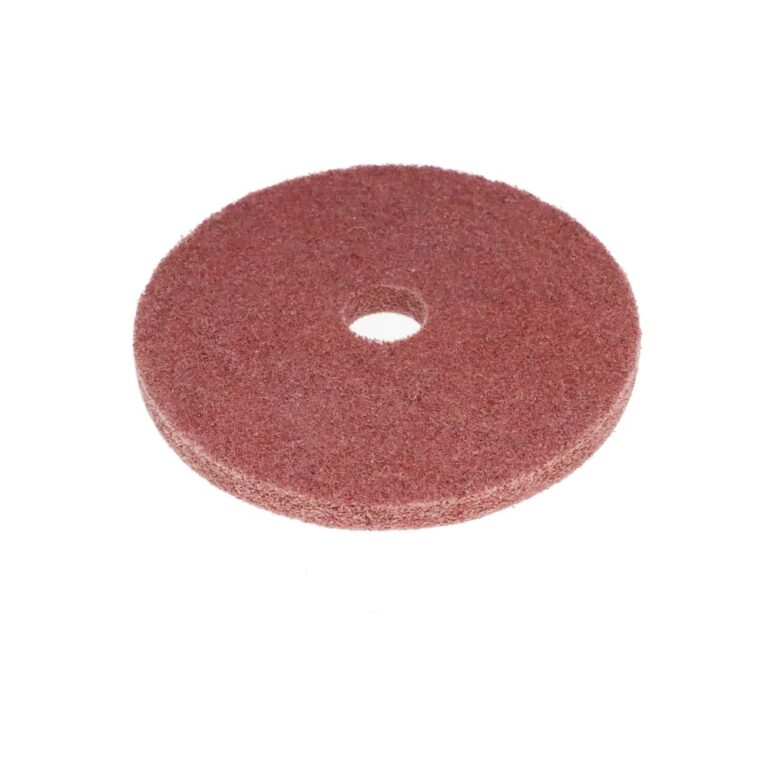 Red non-woven nylon polishing wheel with a center bore