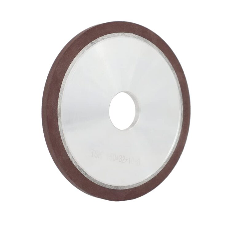 Grinding wheel with silver-colored body, center bore and dark outer abrasive band